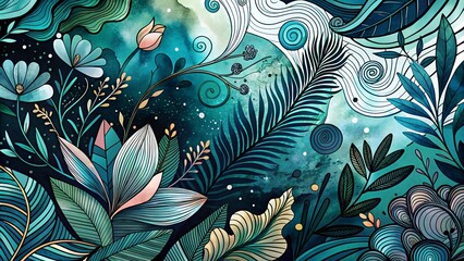 Naklejka premium Intricate Botanical Design in Teal and Gold with Mystical Elements