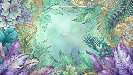 Tropical Watercolor Design in Purple and Teal with Golden Accents [with copy space]