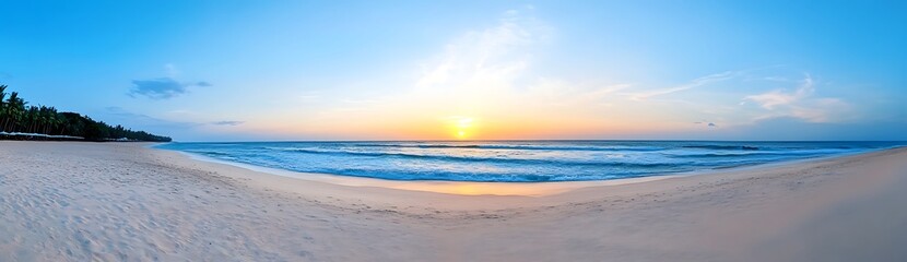 Sunrise over tranquil ocean beach. Panoramic view of serene coastal landscape.