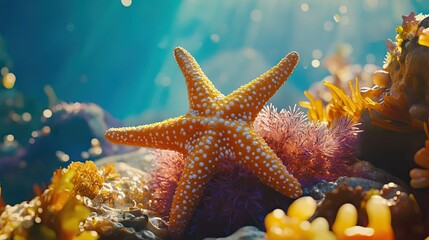Orange Starfish Among Vibrant Underwater Coral Reef