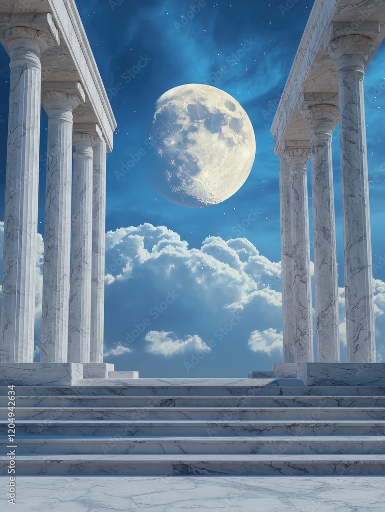 Poster celestial observatory with moon and columns under a starry sky