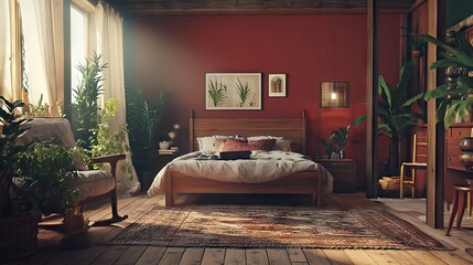 A cozy bedroom with stylish home decor including a feature wall, trendy bed linens, and curated accessories
