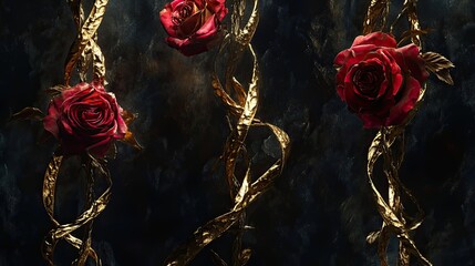 Dark Background Roses Gold Vines Artistic Still Life