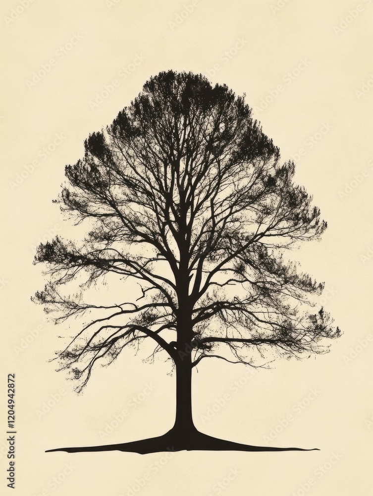 Poster majestic silhouette of a tall tree against a pale background showcasing intricate branch structure. 