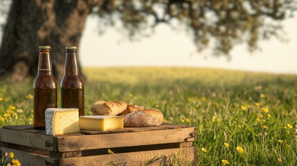 Fototapeta premium Charming Wooden Crate Picnic Setup in Picturesque Countryside with Delicious Food and Drinks