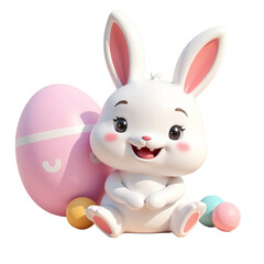 White rabbit with pink inner ears, and multiple eggs, on transparent background