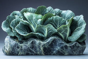 Fototapeta premium Green Cabbage Leaves in a Marble Stone Container