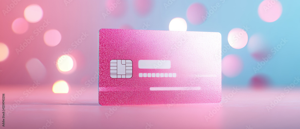 Aufkleber glowing pink credit card on soft background with colorful bokeh lights evokes sense of modernity and