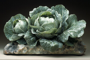 Obraz premium Two Green Cabbages Resting On A Rough Stone