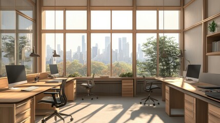 Fototapeta premium A minimalist workspace with simple desks, modern chairs, and a view of a city skyline through expansive windows.