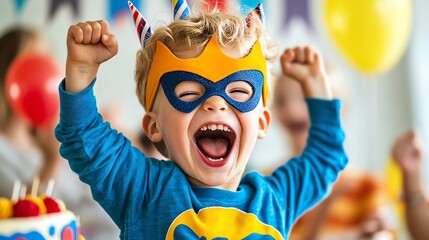 A young boy dressed as a superhero at his birthday party, themed cake and decorations, family cheering, dynamic energy