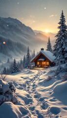Cozy cabin in snowy mountain landscape at sunset with pine trees