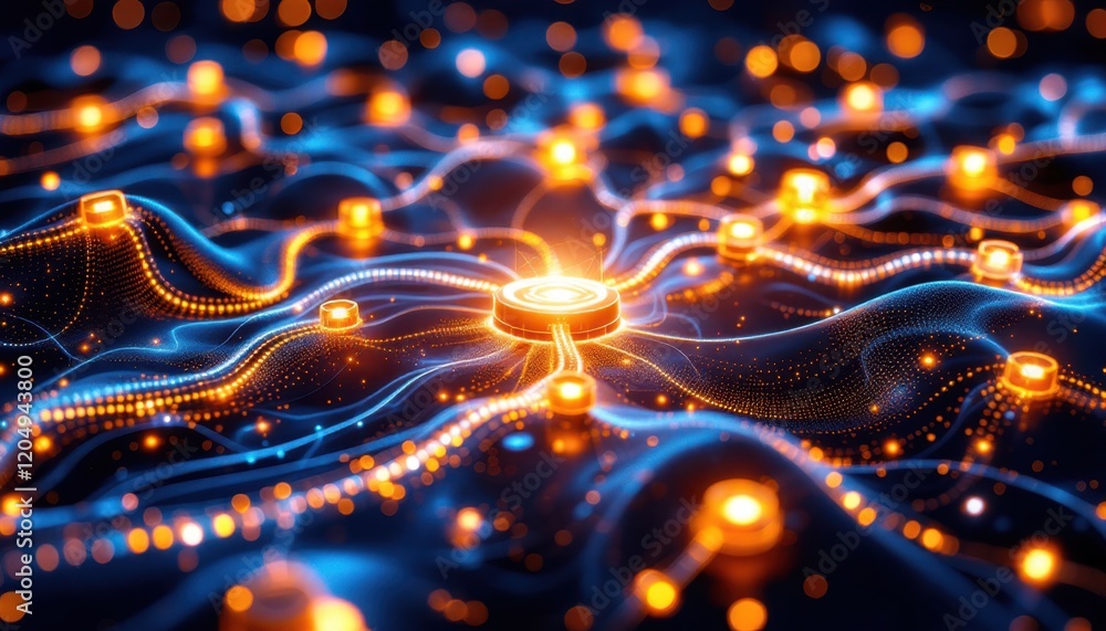 Poster abstract neural network visualization with glowing nodes and wavy connections