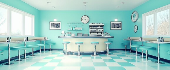 Retro diner interior with turquoise walls, checkered floor, counter, stools, and booths.