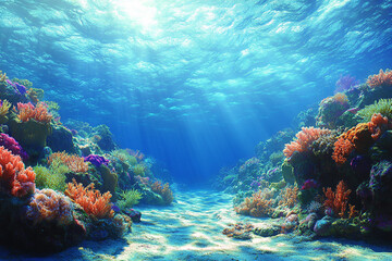 Naklejka premium Vibrant Coral Reef Ecosystem Undersea Sunlight Scene