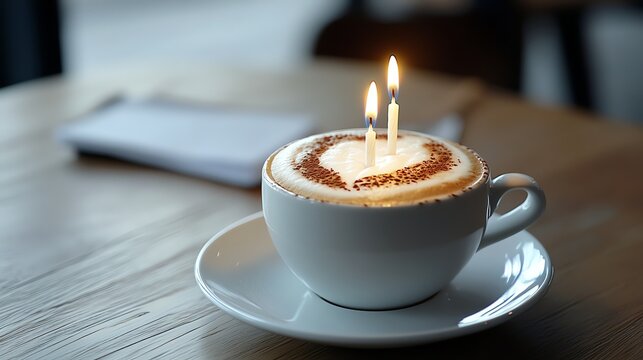 Friends gathered at a small cafe for a birthday celebration, latte art with candles, cozy and warm indoor setting