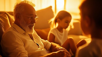 Grandfather telling stories to children at his birthday celebration, nostalgic moment, living room setting, warm tones