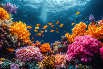 Obraz premium Vibrant Coral Reef teeming with colorful fish and diverse marine life