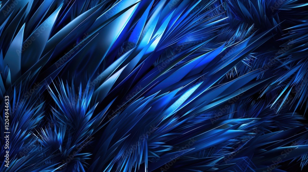 Poster an abstract background with shiny blue lines, fur-like textures, and sharp thorn-like spikes, creati