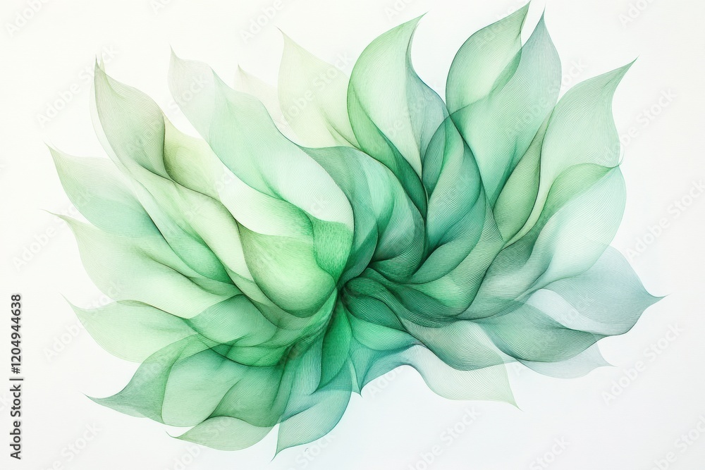 Poster abstract composition of layered green and translucent shapes creating a flowing design in a light ba
