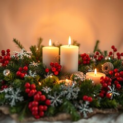 Lit candles in festive Christmas arrangement.