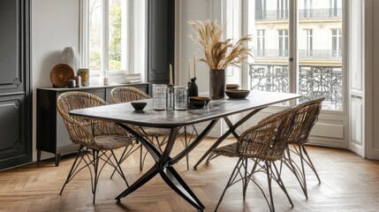 A dining area featuring a rectangular metal table, natural rattan chairs, and cozy decor pieces