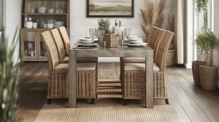 Fototapeta premium A dining area featuring a rectangular metal table, natural rattan chairs, and cozy decor pieces