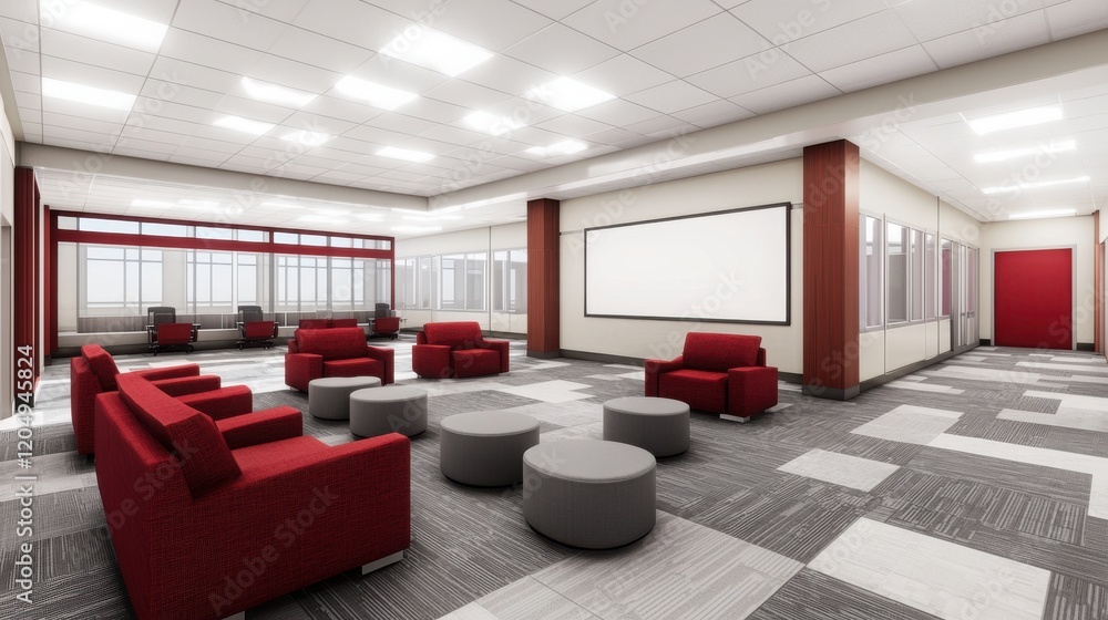 Poster modern clean open workspace featuring flexible seating arrangements for collaborative tasks