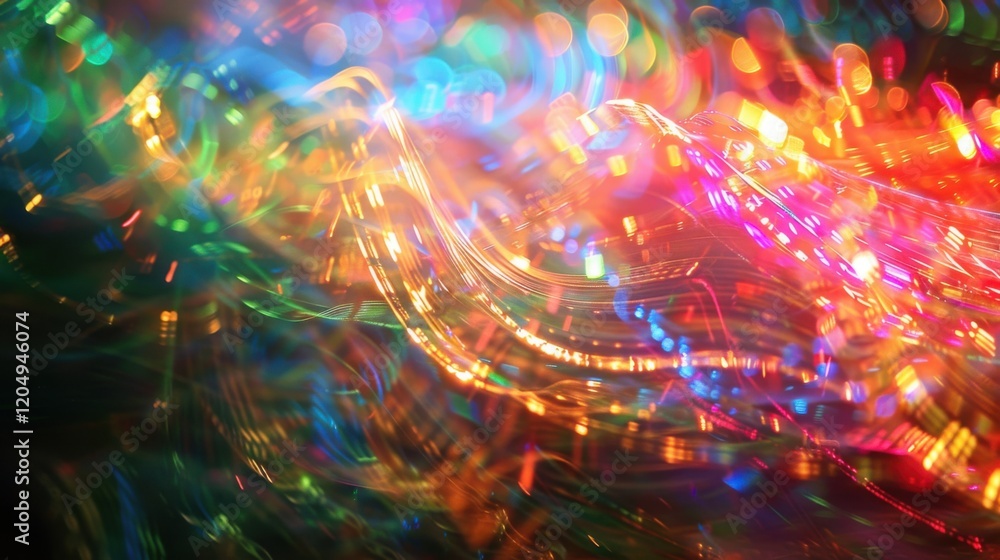 Poster vivid traces of colorful light creating dynamic and flowing patterns against a dark background, perf