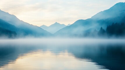 A serene mountain lake with mist rising from the water at dawn, Lake scene, Misty style