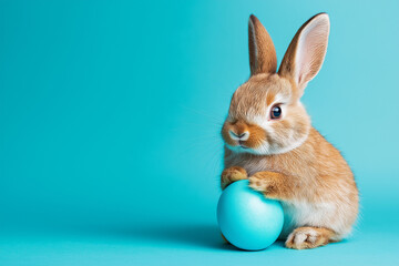 Obraz premium Easter Bunny Rabbit with Blue Painted Egg on Blue Background Festive Holiday Concept