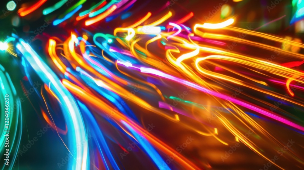 Poster vivid traces of colorful light creating dynamic and flowing patterns against a dark background, perf