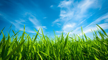 Obraz premium Vibrant Green Grass Field under Clear Blue Sky: Expansive View with Peaceful and Fresh Greenery
