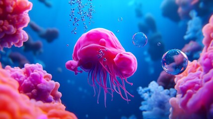Naklejka premium Pink jellyfish underwater with bubbles