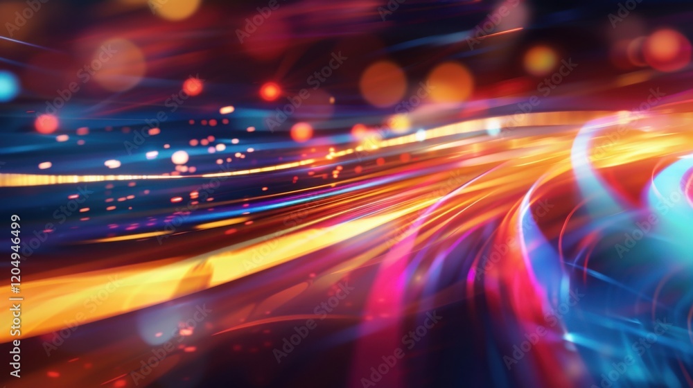 Poster vivid traces of colorful light creating dynamic and flowing patterns against a dark background, perf