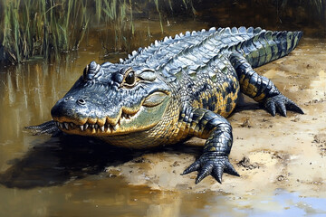 Obraz premium American Alligator Resting Near Water Vegetation