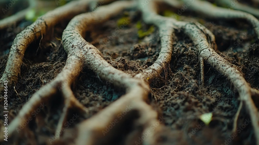 Aufkleber close-up view of twisting and curving tree roots emerging from earthy soil surface