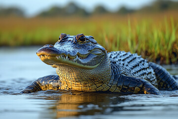 Obraz premium Young Spectacled Caiman In Aquatic Habitat