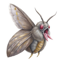 Fototapeta premium Colorful moth illustration, detailed wing patterns, vibrant red and yellow, symmetrical design, feathered antennae, big round eyes, nature-inspired art