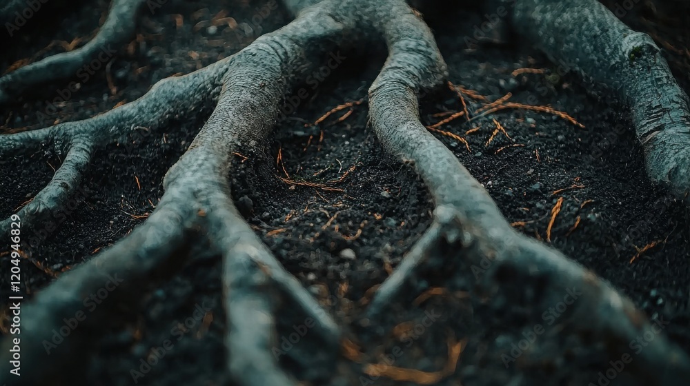 Poster close up view of curving and twisting tree roots on earth showing natural texture and detail