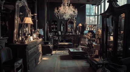Naklejka premium A home decor store with a variety of decorative items like mirrors, lamps, and furniture set against a stylish backdrop