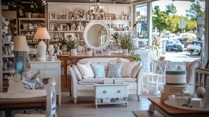 Fototapeta premium A home decor store with a variety of decorative items like mirrors, lamps, and furniture set against a stylish backdrop