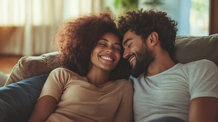 Obraz premium A couple is happily relaxing on a sofa at home