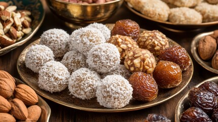 assortment of traditional Ramadan sweets, featuring date balls rolled in coconut, syrupy qatayef stuffed with nuts, and fragrant rosewater-infused halva, perfect for iftar