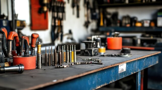 A mechanic's workbench cluttered with auto parts like spark plugs, wires, and small tools used for car repairs and maintenance