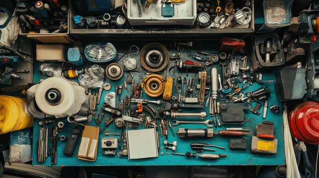 A mechanic's workbench cluttered with auto parts like spark plugs, wires, and small tools used for car repairs and maintenance
