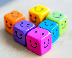 Emotion cubes in vibrant colors on a light wooden surface, symbolizing varied customer experiences