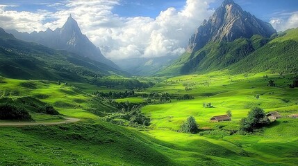 Fototapeta premium Majestic mountain valley, sunny day, green fields, pastoral scene, travel brochure