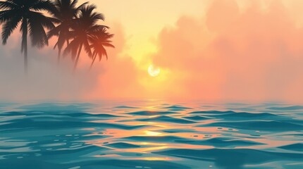 Sunset over the tropical beach with palm trees and the ocean
