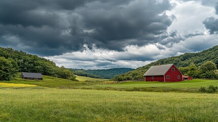 Obraz premium A rural landscape under a dark sky filled with dense, dramatic black clouds before the rain begins.